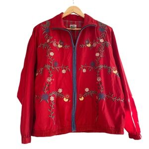 1970's Vintage Embroidered Floral Plaid Red Jacket Large Bohemian Folk Scandi‎